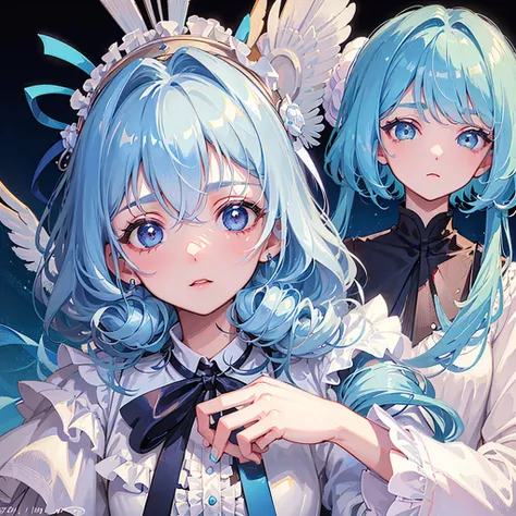 ((Highest quality)), ((masterpiece)), (detailed), Fine Lines, (Big eyes, Droopy eyes, Lower eyelid corners droop), (Light blue hair, Loosely wrapped, ), ribbon, Frills, Soft and fluffy, fluffy, Pastel feel, Face close-up, One girl