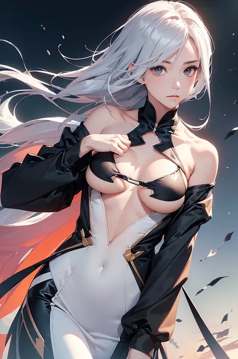 (Image from chest up:1.4)((masterpiece:1.5,Highest quality,Beautiful images、Realistic、2.5D、Artistic、Portraiture))(1girl, 独奏)(medium breasts, Silver Hair、long hair、Beautiful cleavage、sideboob、Exposing shoulders、Tattoo on shoulder)(横顔のPortraiture,Gaze sidewa...