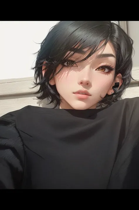 there is a anime woman with a black shirt and a cell phone, with short hair, androgynous, androgynous person, androgynous face, 🤤 girl portrait, with accurate face, potrait, androgyny, 18 years old, old picture, with black hair, close up potrait, by :5 sex...