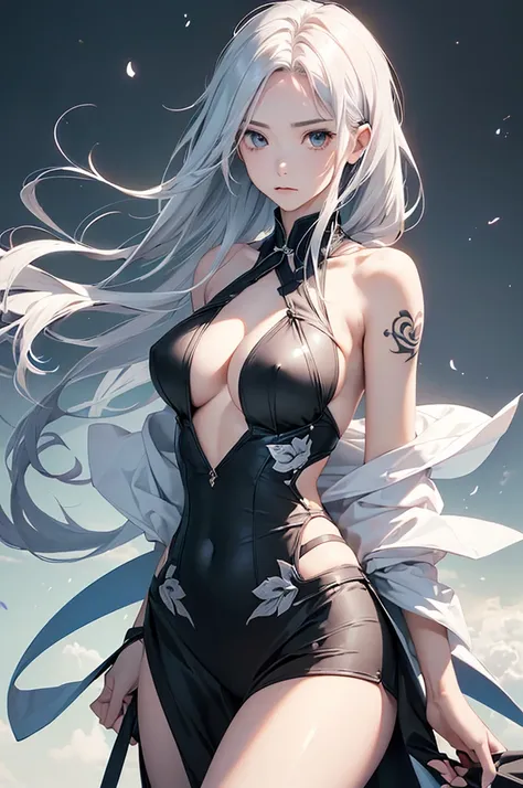 (Image from chest up:1.4)((masterpiece:1.5,Highest quality,Beautiful images、Realistic、2.5D、Artistic、Portraiture))(1girl, 独奏)(medium breasts, Silver Hair、long hair、Beautiful cleavage、sideboob、Exposing shoulders、Tattoo on shoulder)(横顔のPortraiture,Gaze sidewa...