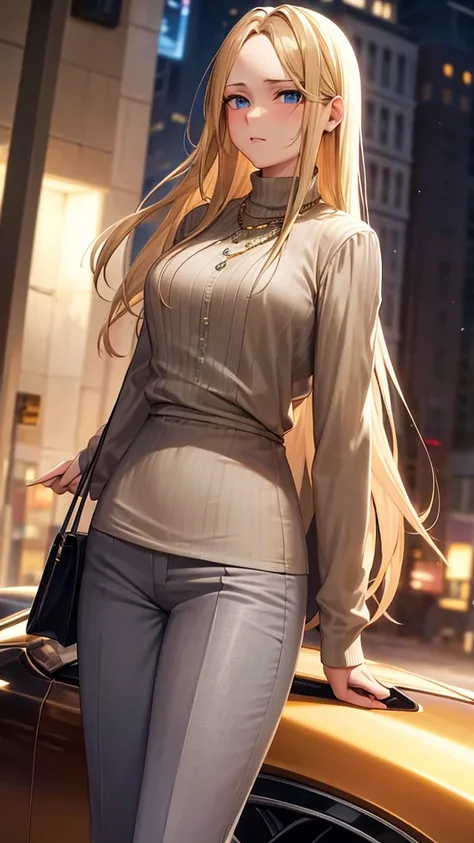 Blond hair, blue eyes, straight hair, forehead showing, combed back hair, hair band, rich, properly dressed, serious, necklace, in front of expensive car, outside, city, high neck silk blouse, green blouse, high waisted trousers, high waisted pants, bracle...