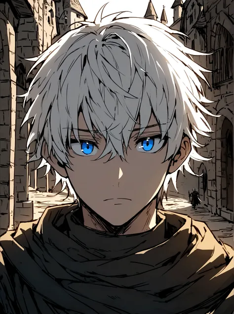 Young boy ,handsome man, hair between eyes, short White hair, black clothing, blue Eyes, with a straight face, charachter, RPG, hand drawn, High details, medieval city background