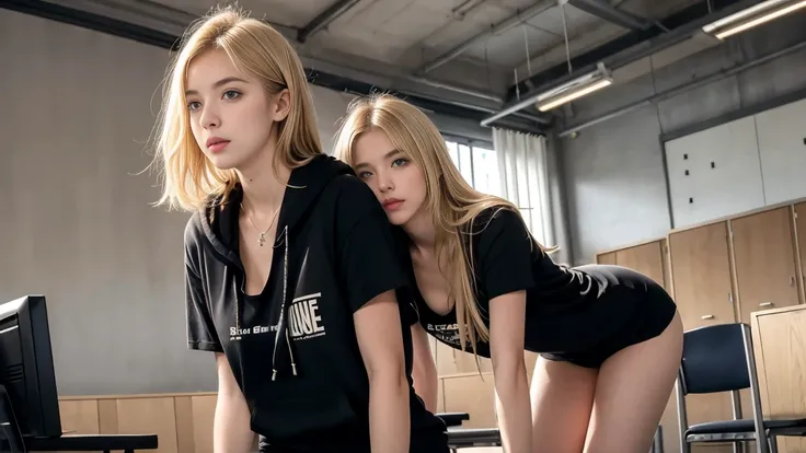 deux femmes blonde ensemble de 18 ans sexy et mince , black short sleeve hoodie , salle de classe, se touche,position sey,sensuel