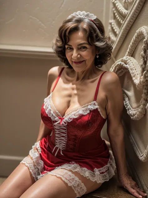 day, bright lights, plus size fat old women sixty years old, red lips, short brown curly hair, hair on her eye, she smiling, pos...