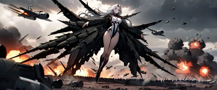 (((masterpiece,Highest quality))),(((A beautiful yet terrifying anime goddess of vengeance, raging in the air with her silver hair standing on end.))),((A battlefield with missiles and explosions flying around in a cloudy storm)),(Arms and legs spread),(hi...