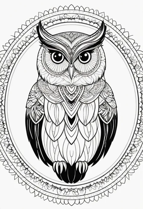 happy white and black owl, Simplified Mandala style, outline, vector, white background