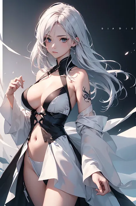 (Image from chest up:1.4)((masterpiece:1.5,Highest quality,Beautiful images、Realistic、2.5D、Artistic、Portraiture))(1girl, 独奏)(medium breasts, Silver Hair、long hair、Beautiful cleavage、sideboob、Exposing shoulders、Tattoo on shoulder)(横顔のPortraiture,Gaze sidewa...