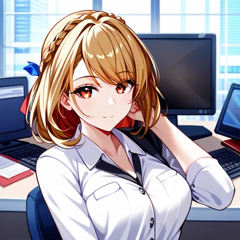 1girl, medium breasts, medium hair, (blond hair), french braid, red eyes, office suit, ((sexy posing:1.5)), (sensual pose), offi...