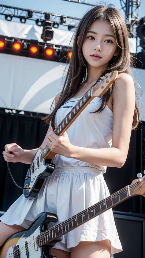 ((Beautiful girl playing electric guitar on stage at school festival:1.2)), Daytime outdoor live performance, Outdoor Spectators, Huge excitement, (Table Top), (Highest quality, 8K, masterpiece:1.2, RAW Photos), (Realistic:1.2), Japanese, (Innocent face, 1...