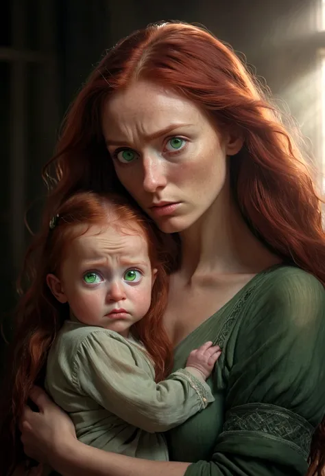 A beautiful young woman with long red hair holding , green eyes a small baby in her arms, the childs father is a stern-looking man with a hooked nose, ethereal lighting, detailed realistic portrait, cinematic composition, dramatic chiaroscuro lighting, dee...