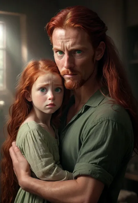 A beautiful young woman with long red hair holding , green eyes a small baby in her arms, the childs father is a stern-looking man with a hooked nose, ethereal lighting, detailed realistic portrait, cinematic composition, dramatic chiaroscuro lighting, dee...