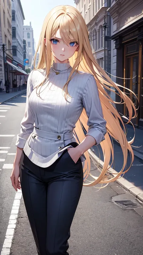 Blond hair, blue eyes, straight hair, forehead showing, combed back hair, hair band, rich, properly dressed, serious, necklace, in front of expensive car, outside, city, high neck silk blouse, green blouse, high waisted trousers, high waisted pants, bracle...