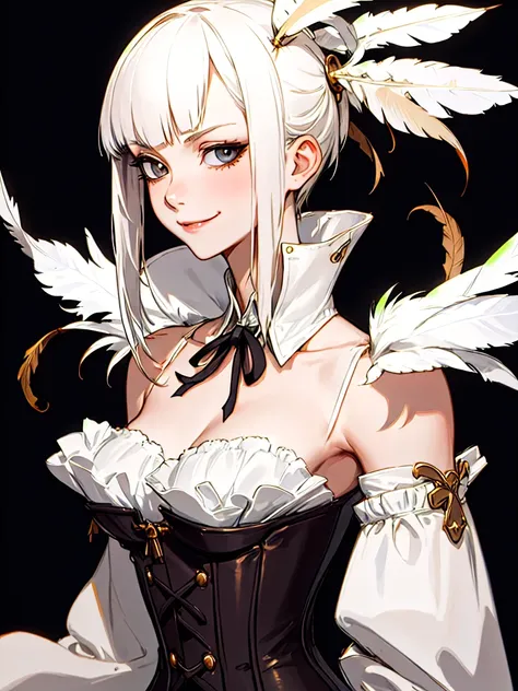 ((Portrait)), She has a Very Small and Slender Appearance, with a Flat Chest, and Smug and Mischievous Smile. Her Hair is Short, Neck-length, Platinum Blonde with Messy Strands and Blunt Bangs. Her Light Gray Eyes Shine Strikingly against Her Pale Face. Sh...