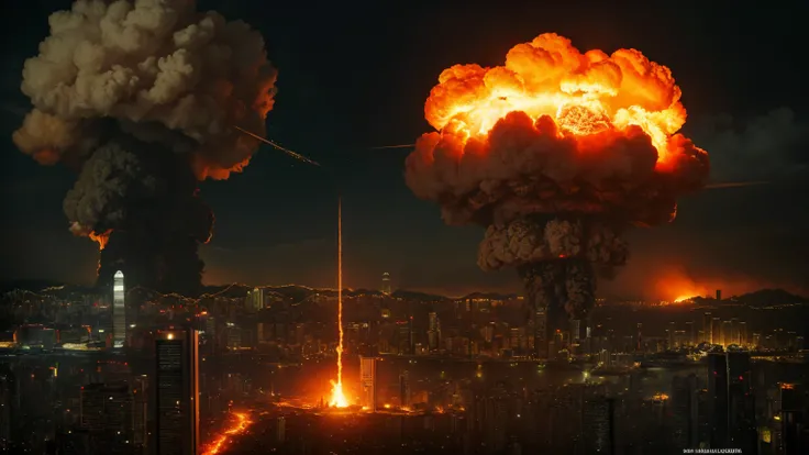 1 single bright gigantic nuclear explosion with mushroom cloud at Kowloon, explanding shockwave in the sky, Desolate wreckage, apocalyptic, city in ruined, dark night time, masterpiece, highest quality, Surrealism