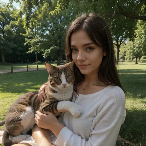 Lucie qui caresse un chat dans un parc