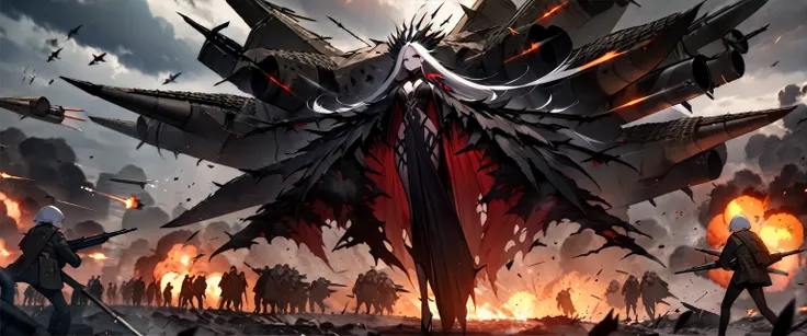 (((masterpiece,Highest quality))),(((A beautiful yet terrifying anime goddess of vengeance, raging in the air with her silver hair standing on end.))),((A battlefield with missiles and explosions flying around in a cloudy storm)),(Arms and legs spread),Foc...