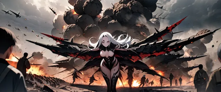 (((masterpiece,Highest quality))),(((A beautiful yet terrifying anime goddess of vengeance, raging in the air with her silver hair standing on end.))),((A battlefield with missiles and explosions flying around in a cloudy storm)),(Arms and legs spread),Foc...