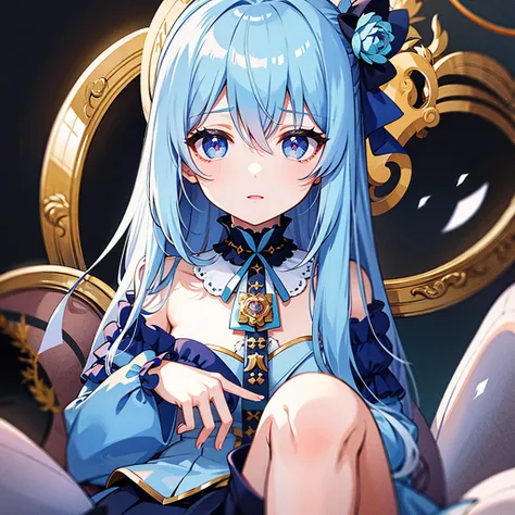 ((Highest quality)), ((masterpiece)), (detailed), Fine Lines, (Big eyes, Droopy eyes, Lower eyelid corners droop), (Light blue hair), ribbon, Frills, Pastel feel, Face close-up, One girl