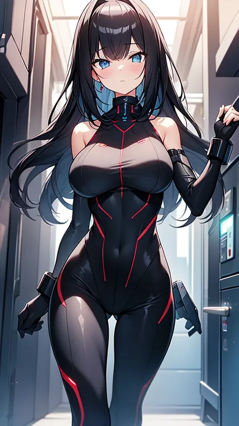 (Highly detailed CG Unity 8k wallpaper,masterpiece, Biological, whole body),(Best lighting, Best Shadow, Very delicate and beautiful),(One girl),blue eyes, Big Breasts, Black Hair,Red and black off-the-shoulder SF ハイレグbodysuit,Neck Seal,High-tech sci-fi co...