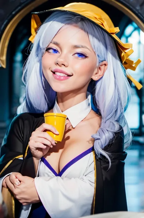 Elena_(Maybe_No_hearing), masterful, masterpiece, 4K,, 1 girl, Female, Beautiful, cup, White hair, Big Magic Hat + black on top and purple on the inside, Blue eyes, White shirt, yellow ribbon, black robe,, kawaii, Looking at the viewer, A slight smile, mag...