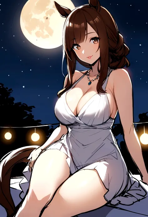 slender, mature female,1girl, breasts, flower, long_hair, brown_hair, cleavage, jewelry, moon, solo, looking_at_viewer, full_moon, night, large_breasts, sitting, bangs, bokeh, smile, bare_shoulders, lens_flare, dress, necklace, collarbone, white_dress, ske...