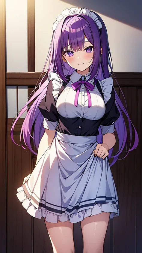 最high quality, high quality, pretty girl, alone, beautiful purple hair, Beautiful purple eyes, A light smile, Maid clothes, Im lifting my skirt, My crotch is wet with love juice, NSFW