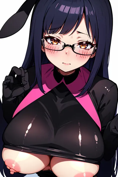 1 adult anime girl, adult face, glasses, bright colors, Rich colors, Studio light, perfect figure (90/60/90), revealing pose, naked breasts, nipples visible, Sexy tight bunny outfit, black tights, clothes tight to the body vagina, embarrassed face, random ...