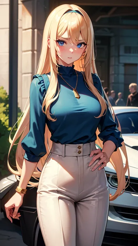 Blond hair, blue eyes, straight hair, forehead showing, combed back hair, hair band, rich, properly dressed, serious, necklace, in front of expensive car, outside, city, high neck silk blouse, green blouse, high waisted trousers, high waisted pants, bracle...