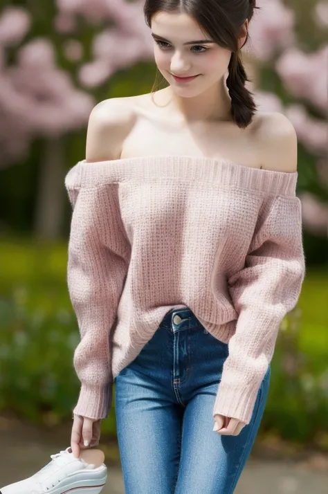 (masterpiece,Highest quality,Ultra-high resolution:1.2),(Photorealistic:1.3),Skin Texture,spring,
One girl,18-year-old,blush,student,teenager,(Off the shoulder_sweater:1.4),(Confused_jeans:1.3),(white_sneakers:1.2),