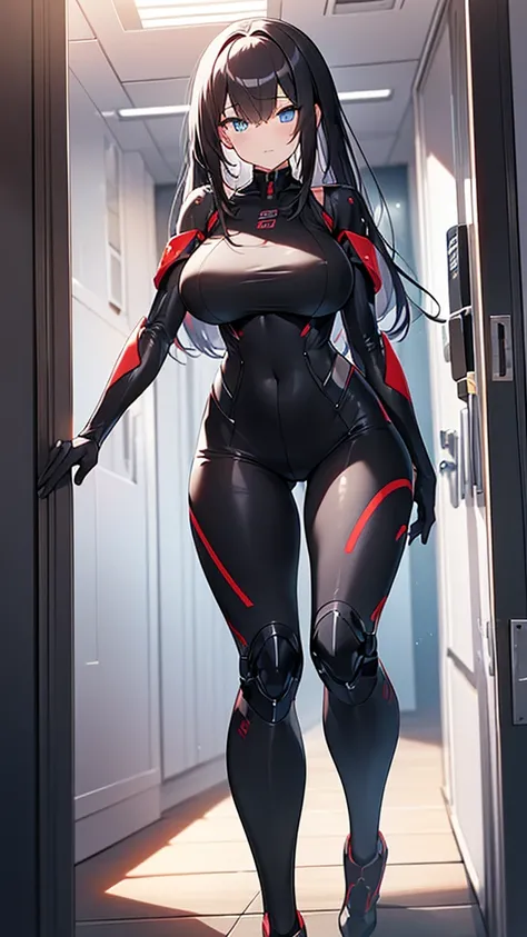 (Highly detailed CG Unity 8k wallpaper,masterpiece, Biological, whole body),(Best lighting, Best Shadow, Very delicate and beautiful),(One girl),blue eyes, Big Breasts, Black Hair,Red and black off-the-shoulder SF ハイレグ bodysuit,Neck Seal,High-tech sci-fi c...