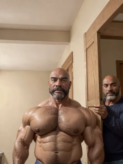 2boys, A handsome mature old Latino dad with a massive beard and no shirt standing in front of a door,bald head,hyper muscular, pumped, roids, huge pecs, arms, biceps, shoulders, male focus, centered, tan skin, dom, meticulous muscle definition, detailed f...