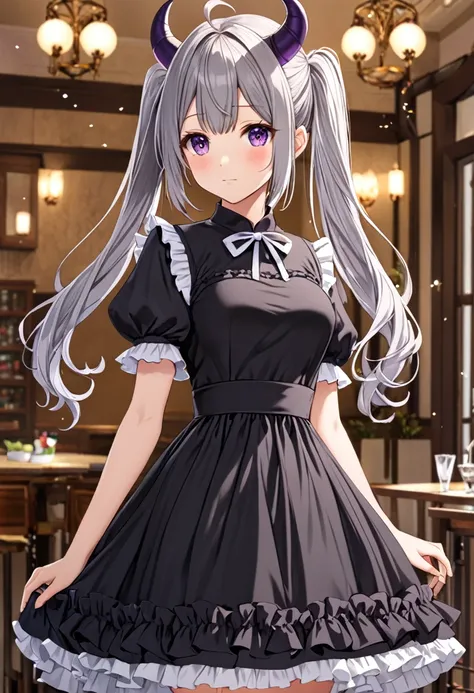 1girl, solo, long hair, breasts, looking at viewer, blush, bangs, dress, twintails, medium breasts, closed mouth, purple eyes, ahoge, short sleeves, grey hair, frills, horns, puffy sleeves, hair bun, black dress, puffy short sleeves, frilled dress