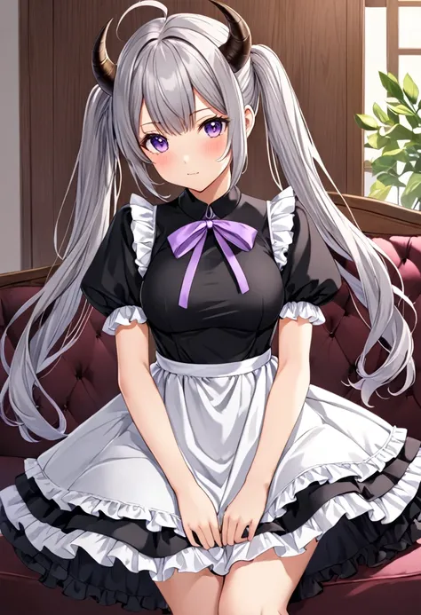 1girl, solo, long hair, breasts, looking at viewer, blush, bangs, dress, twintails, medium breasts, closed mouth, purple eyes, ahoge, short sleeves, grey hair, frills, horns, puffy sleeves, hair bun, black dress, puffy short sleeves, frilled dress