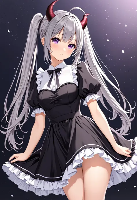 1girl, solo, long hair, breasts, looking at viewer, blush, bangs, dress, twintails, medium breasts, closed mouth, purple eyes, ahoge, short sleeves, grey hair, frills, horns, puffy sleeves, hair bun, black dress, puffy short sleeves, frilled dress