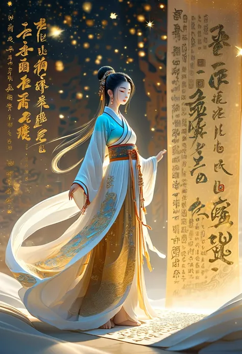 illustration, Dunhuang art style, extremely long shot, a tiny mysterious figure, wearing traditional silk skirt, standing on the long ancient soft scroll with golden ancient words, zen style, brilliant stars, light and shadow, ancient rhyme white, epic sci...