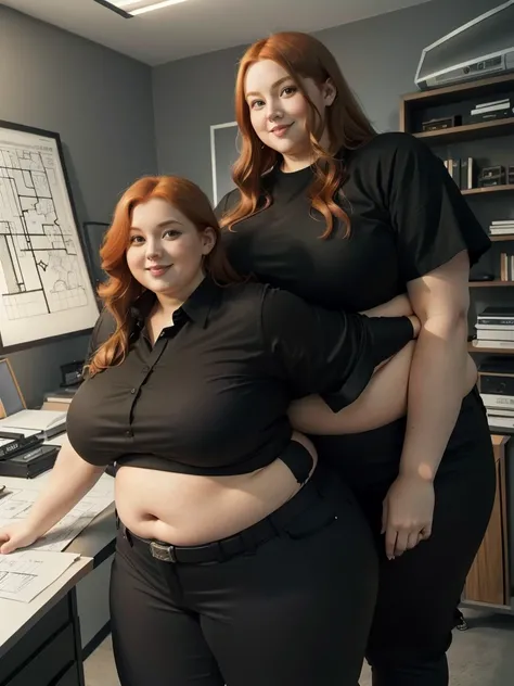 An happy photo of a Beautiful ginger architect BBW, with long wavy light Brownish-ginger hair, with big soft fat belly, thicc fat arms, thicc wide legs, big breast, in black pants, long black shirt tucked in her pants, black belt and black blouse in her ne...