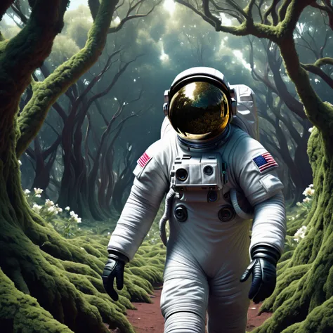 Create a portrait of astronaut walking through the bunch tress in an strange planet looks weird, realistic portrait, detailed cg.