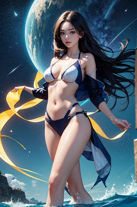 (masterpiece:1.5, Highest quality, Very detailed、 Dutch Angle、Realistic)(One Girl, alone)(Silver Hair:1.6,,Straight Long Hair)(Sports swimwear、Tube top、Rash guard)、((medium breasts, Beautiful cleavage,underboob))(from diagonally forward),(Beautiful starry ...