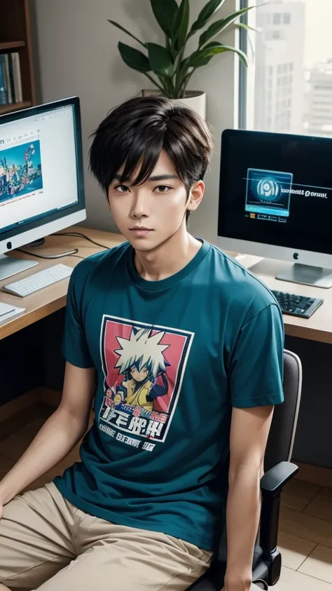  18 years older man wearing T-shirt  cartoon anime image sitting on computer chair