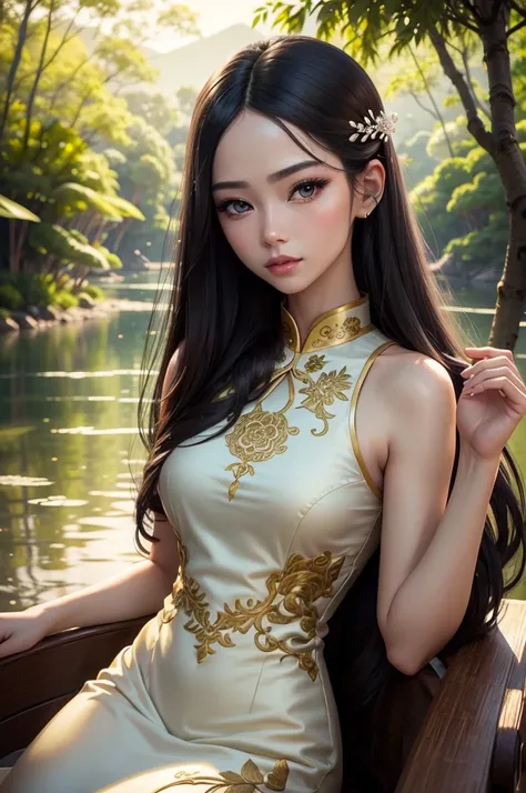 1girl, beautiful detailed eyes, beautiful detailed lips, extremely detailed face and features, long eyelashes, seductive gaze, delicate facial features, porcelain skin, slender figure, elegant cheongsam dress, flowing long black hair, intricate embroidery,...