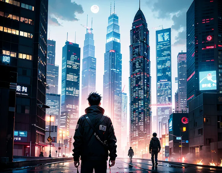 One boy,13-year-old boy、Cyberpunk Boy、knife,The whole body is covered in blood、The adventure begins、Cloudy,Thick Fog、Starry Sky、moon,It was chaotic. city of the future、Movie dystopia、A group of very tall skyscrapers stands in the center、Highly complex city...