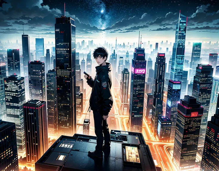 One boy,13-year-old boy、Cyberpunk Boy、knife,The whole body is covered in blood、The adventure begins、Cloudy,Thick Fog、Starry Sky、moon,It was chaotic. city of the future、Movie dystopia、A group of very tall skyscrapers stands in the center、Highly complex city...