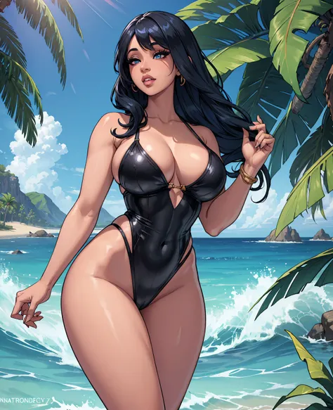 a sexy Cardi B, beautiful detailed eyes, beautiful detailed lips, extremely detailed eyes and face, long eyelashes, black and blue hair, posing on a tropical beach, ocean waves, golden sand, palm trees, sun rays, photorealistic, 8K, HDR, ultra-detailed, vi...