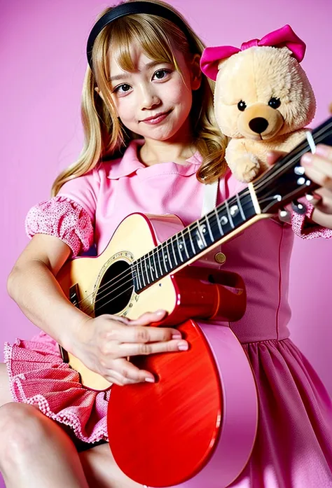 Anime characters、girl、3 year old、guitar、Pink Dress、Blonde、infant、Kids Room、toy、stuffed toy、Pink Background、教育、Anime for children、Cute Characters、Educational Appusic Education