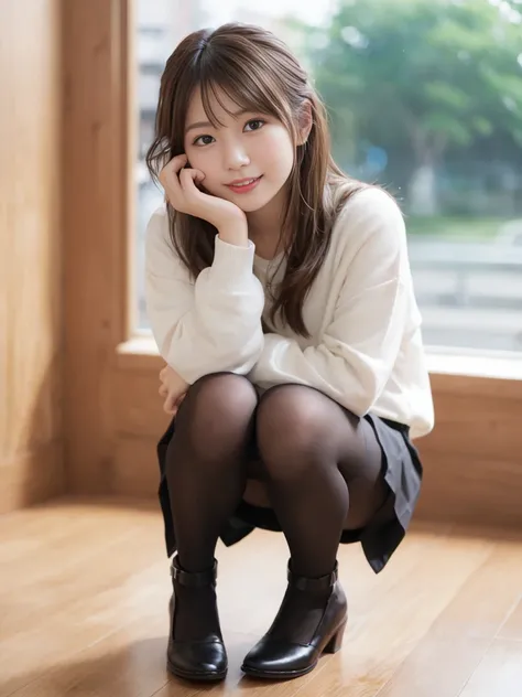 (Happy expression:1.26)、RAW Photos、(((The ultimate beauty full-body photo)))、((Glowing Skin))、1 Girl、25 year old beautiful girl from Prague、Bright expression、((Brown haired))、Girl in sweatshirt、Checkered Pleated Skirt、View from the floor、(Long stockings or...