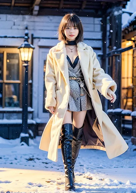 Photo from the waist up、Night city illumination shot、Cowgirl Shot、Fur coat、豪華なグレーのミンクのFur coat、Wear fine leather boots、Luxury Bags、Inner turtleneck、Silver necklace and small silver earrings Millionaire style:1.4））、Full body photo、smile、 Caustics、Highly det...