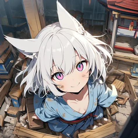 1girl,solo,short hair,white hair color,fox ear,drooping eyes,dirty kimono,small breasts,short stature,looking at viewer,Taken from the viewpoint above,upturned eyes,smile,Shrines in shambles,