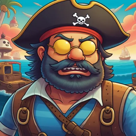 pirate man closed up face , mobile game art, banner, detailed game art, stylized game art, game illustration, splash screen art, full card design, wallpaper!, extended art, adtime style art, saturated colorful, SpongeBob style art