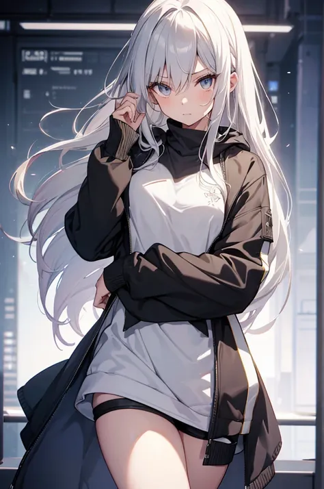 1girl, {Solitary}, Upper Body ,{{ {Watching at viewer}}}, Arms at your sides, Concept Art, white Background, simple Background, White hair, Silver gradient hair , Composite cloth, Asymmetrical clothes, Virtual YouTuber, best quality, masterpiece, Dynamic A...