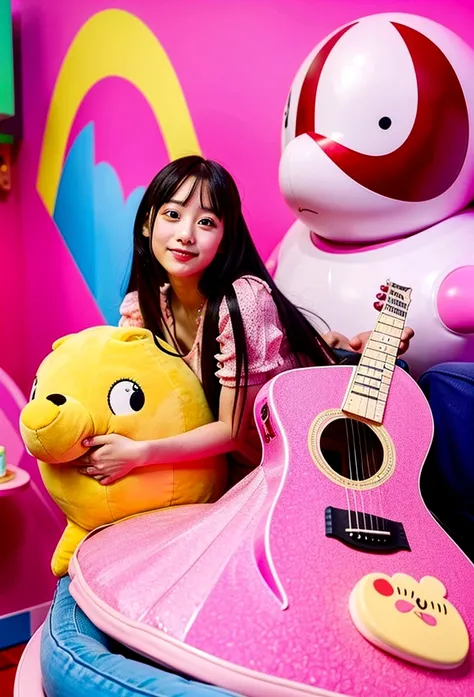 Anime characters、One Girl、3 year old、guitar、Pink Dress、Blonde、infant、Kids Room、toy、stuffed toy、Pink Background、教育、Anime for children、